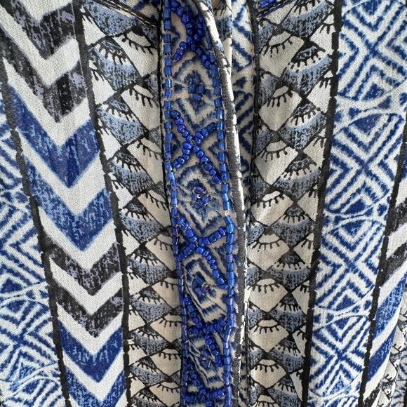 Lucky Brand Blue Geometric Print Beaded Tunic Sheer Long Sleeve Top Medium - Picture 7 of 12